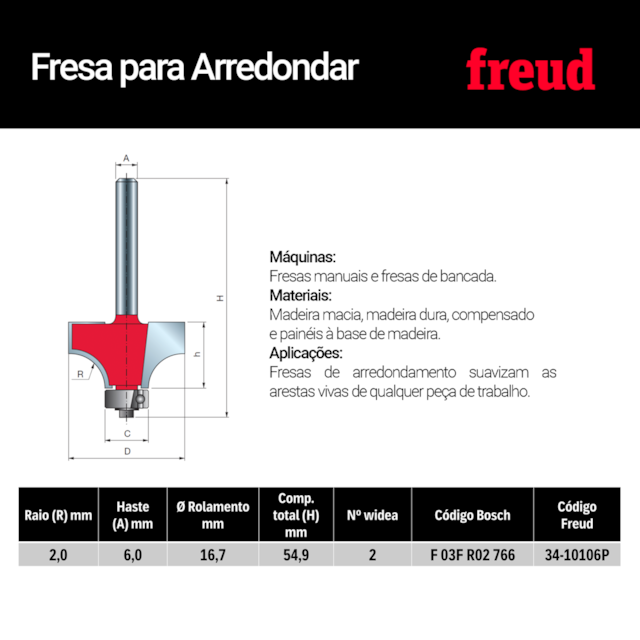Fresa para Arredondar com Rolamento 34-10106P - Freud - foto 3