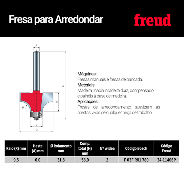 Fresa para Arredondar com Rolamento 34-11406P -Freud - foto 3