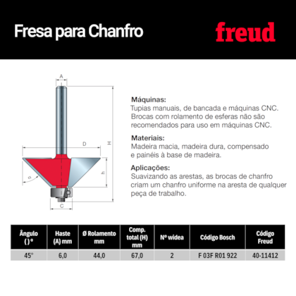 Fresa para Chanfros em 45° com Rolamento 40-11412 - Freud