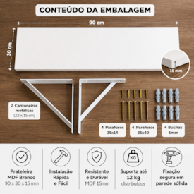 Kit 3 Prateleira de Parede MDF Branco 90cm GMAD